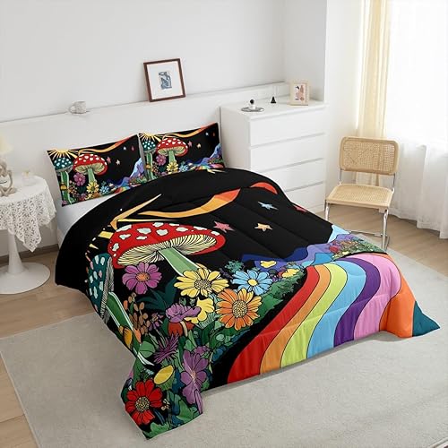 Miniatura 4 de Erosebridal Juego de ropa de cama de hongos Trippy tamaño Queen, Groovy floral, juegos de ropa de cama y colecciones de rayas de arco iris, edredón