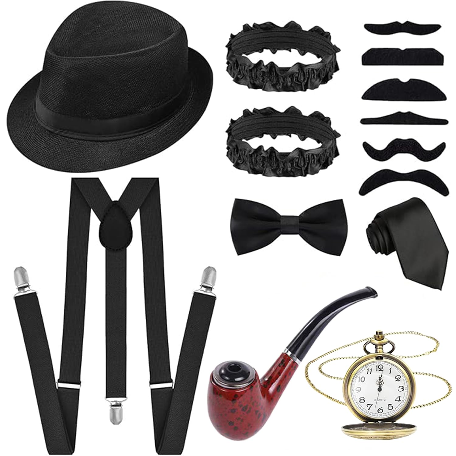 1920s Costume Set for Men Gentleman 20s Fancy Dress Kits with Hat Suspenders Pocket Watch Bow Tie Beards Cuffs Tie for Adult Cosplay Theme Parties (Black)