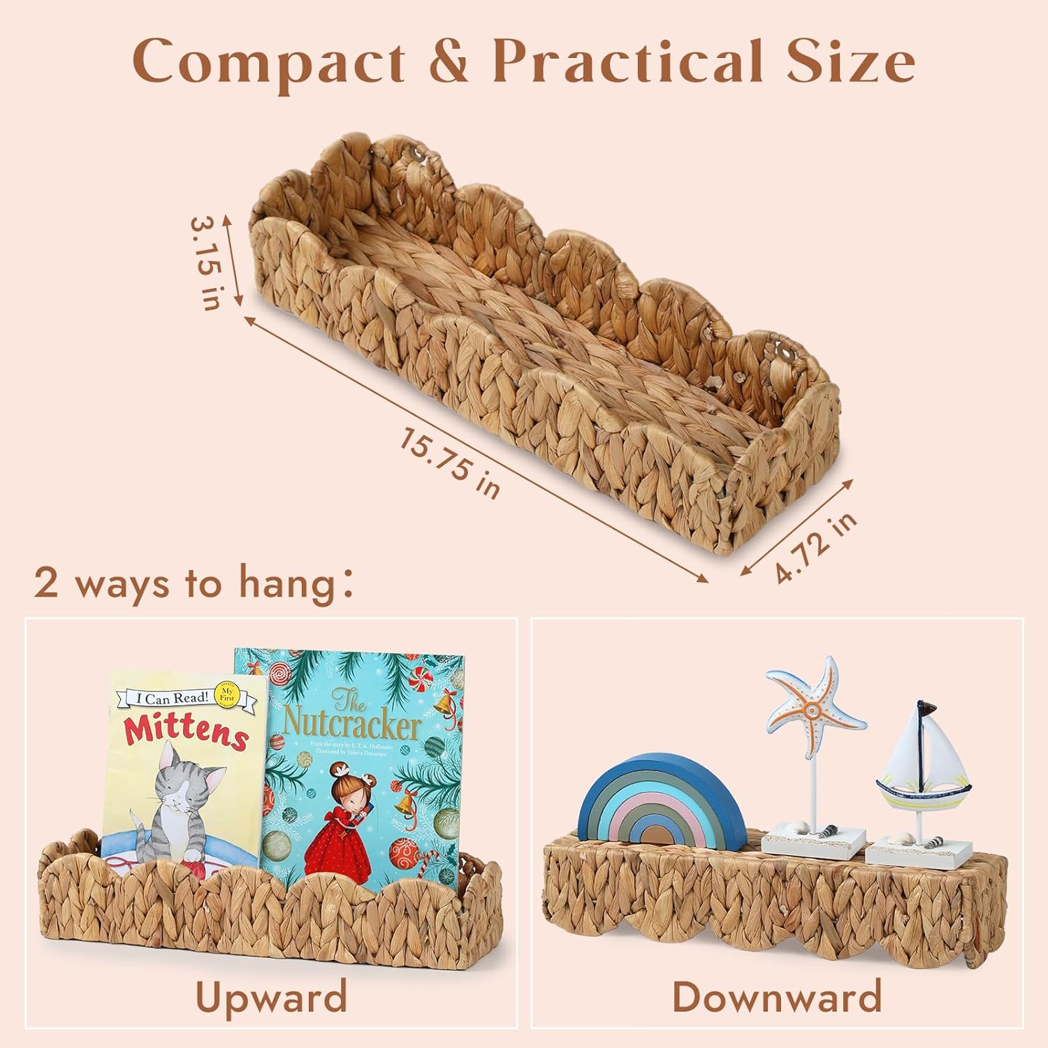 4 Pack Nursery Book Shelves, Scalloped Water Hyacinth Book Shelf for Kids Rooms, Handwoven Floating Book Shelves for Wall, 15.8” Wicker Hanging Bookshelf for Books, Toys, Photo Frames, Nursery decor