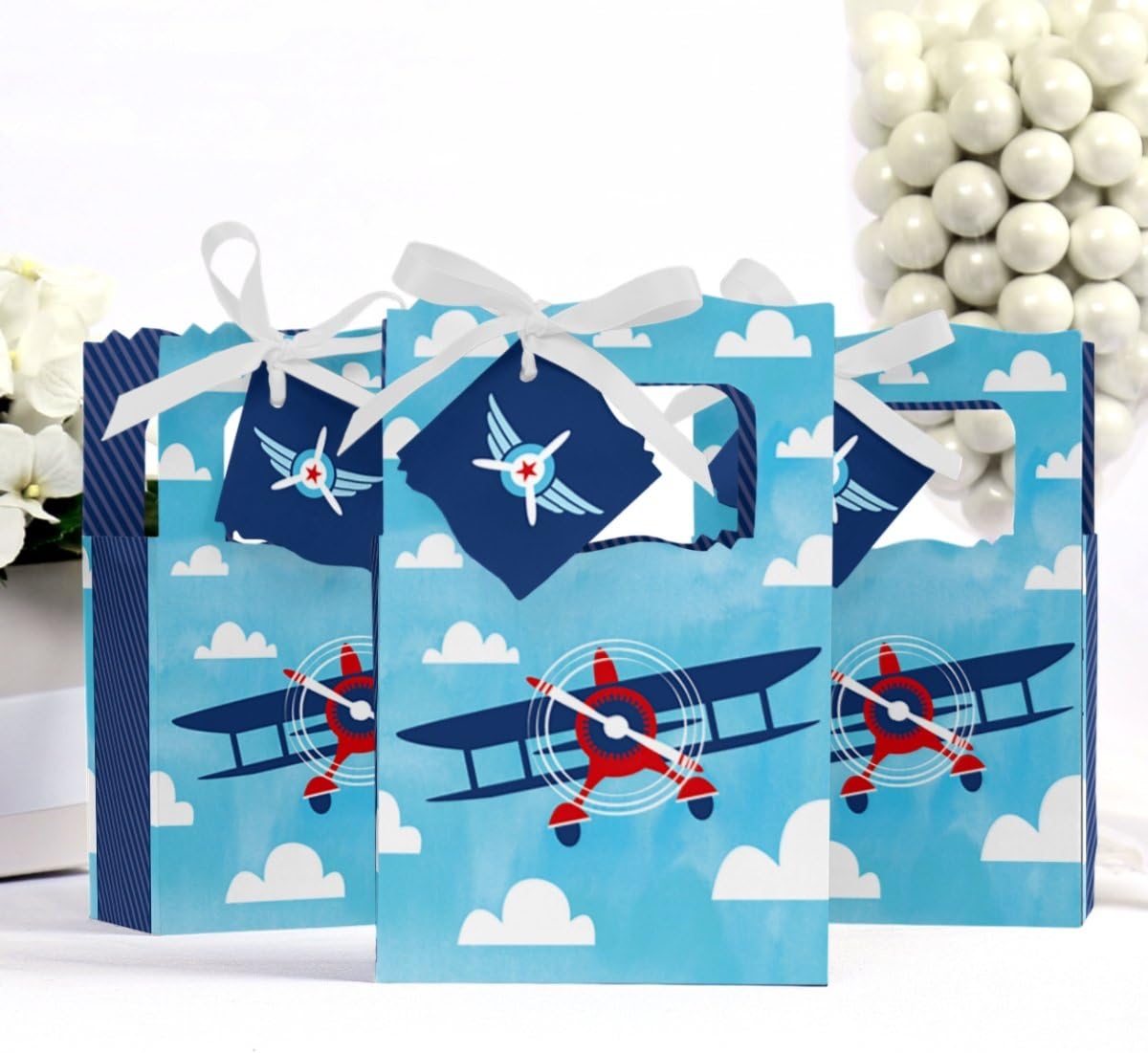 Big Dot of Happiness Taking Flight - Airplane Vintage Plane Baby Shower or Birthday Party Favor Boxes Set 12