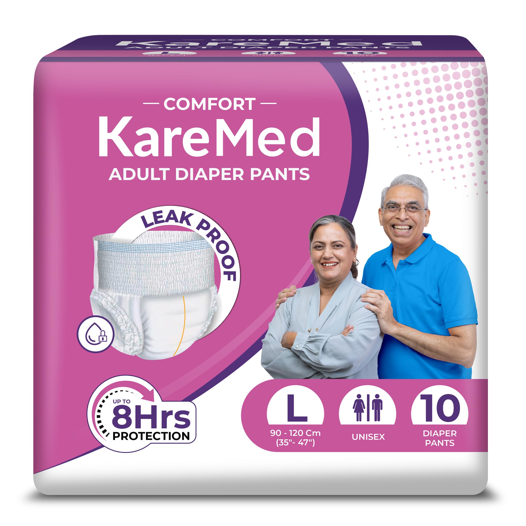 KareMed Comfort Adult Diaper Pants, Large 90-120 Cm (35"- 47"), Unisex, Leakproof, Elastic Waist, Wetness Indicator, 10 Count