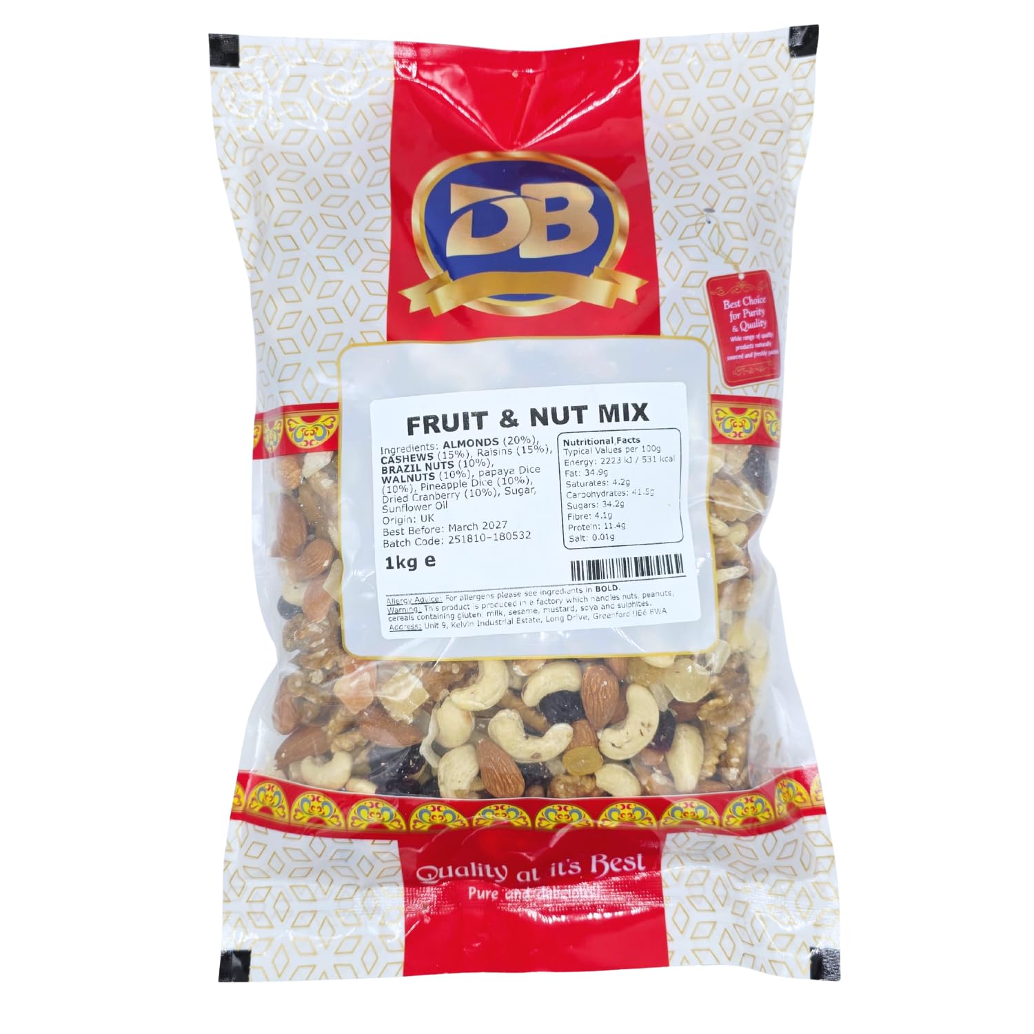 Fruit and Nut Mix 1kg, Premium Quality Unsalted Mixed Nuts and Dried Fruits, Suitable for Vegetarian Diets