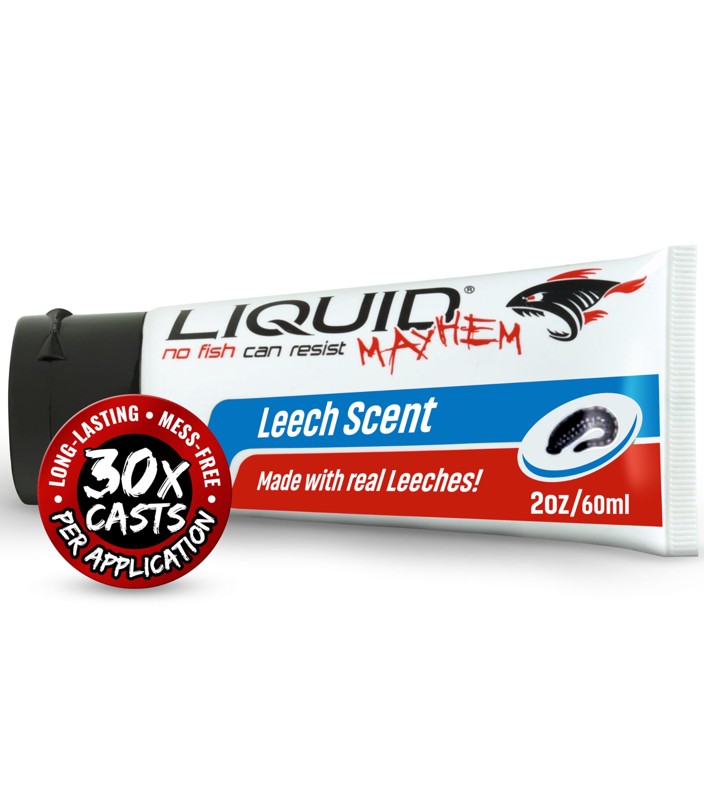 Liquid Mayhem Best Fishing Bait. Sport Fish Attractant Leech Scent 2 Oz. Made With Real Leeches and Infused Powerful Bite Stimulants Amino Acids. Strike Harder Hold Onto Bait Longer