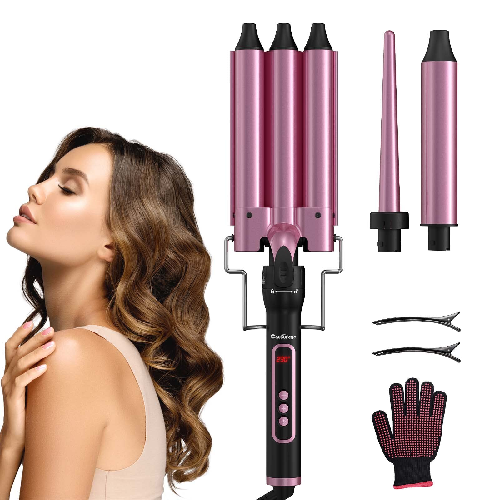3 in 1 Curling Iron Set, 30S Instant Heat up,Temp Adjustment Curling Wand with LCD Display, 3 Barrel Hair Waver and 2 Interchangeable Ceramic Hair Wand, Include Heat Protective Glove & 2 Clips