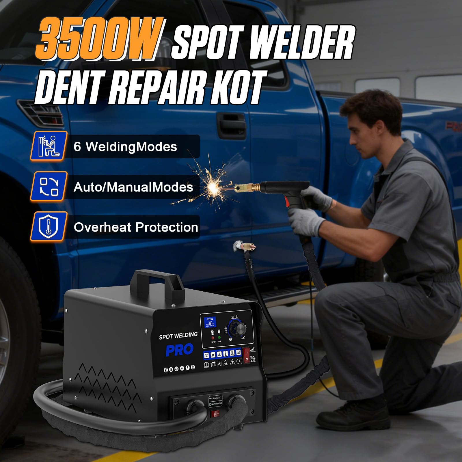 3500W Ausbeulspotter lackschonend 6 Modi 220V Automatik & Manuell Dualmodus | Minimale Schweißpunkte，keine Nachlackierung nötig，für flache tiefe geschwungene Dellen，bis 1,2mm Blech, digitales Bedienfeld