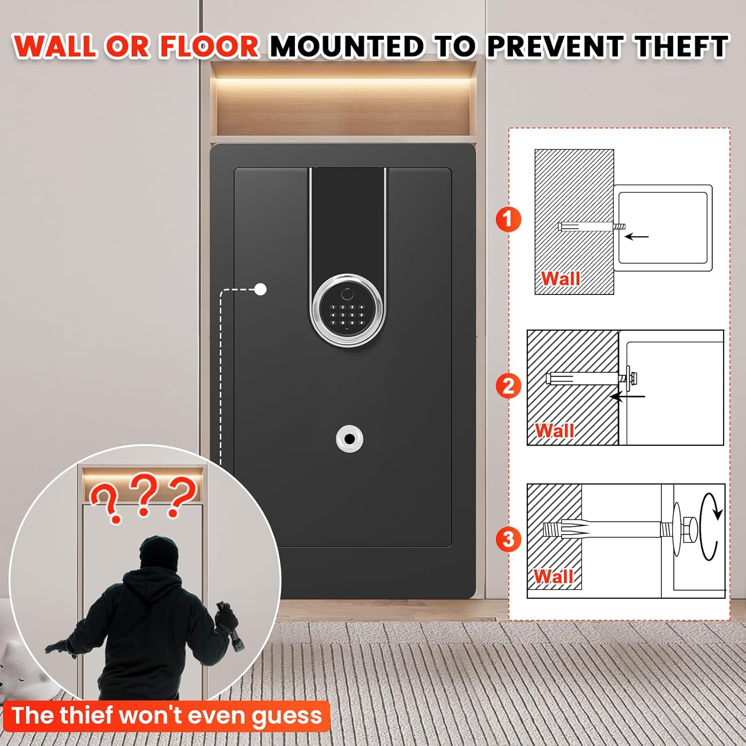 Image showing the Povanje safe accessories including the user manual, mounting screws, fireproof bag, emergency keys, and emergency power box.