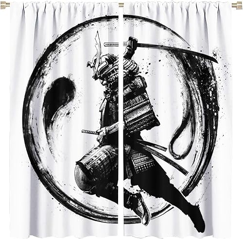 Cortinas japonesas samuráis de anime estilo Janpan pintura de tinta para niños y hombres, decoración de dormitorio, cortinas blancas y negras para