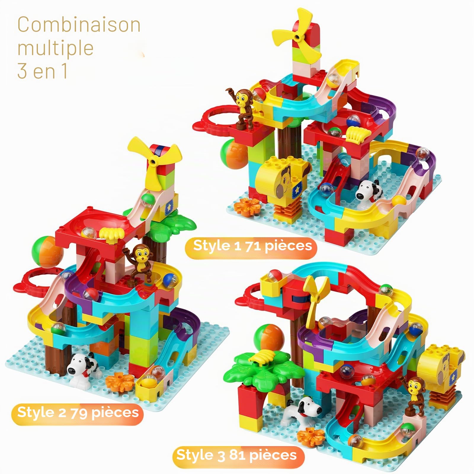 Piste de Billes Blocs Enfants Jouets STEM, 3 en 1 Jeu de Construction de Piste de Billes pour Enfants 88 Pcs Grands Blocs Ball Race Jouets éducatifs Jouets d'anniversaire pour garçons Filles 3+ Ans
