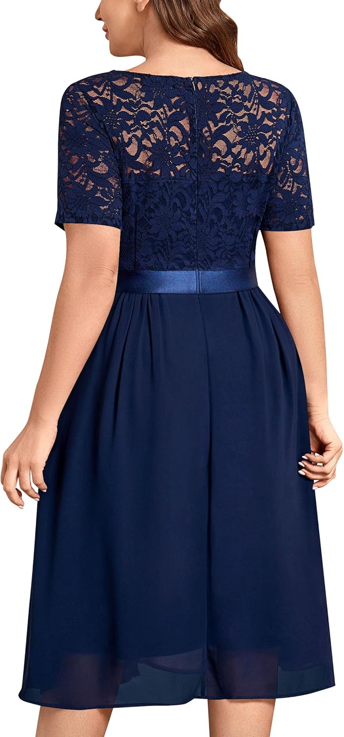 MISSMAY Women's Plus Size Lace Contrast Chiffon V Neck Flowy Cocktail Wedding Guest Midi Dress - Image 2