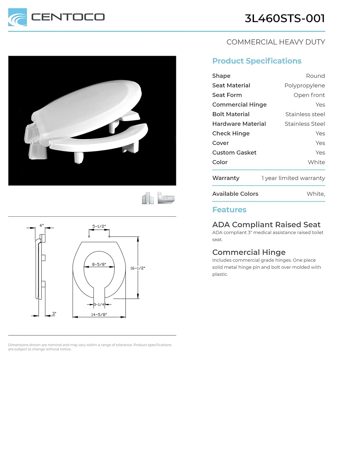 Limited Stock Centoco 3L460STS-001 Extra Heavy Duty Plastic ADA Compliant 3 Lift Round Raised Toilet Seat, Open Front with Cover, White