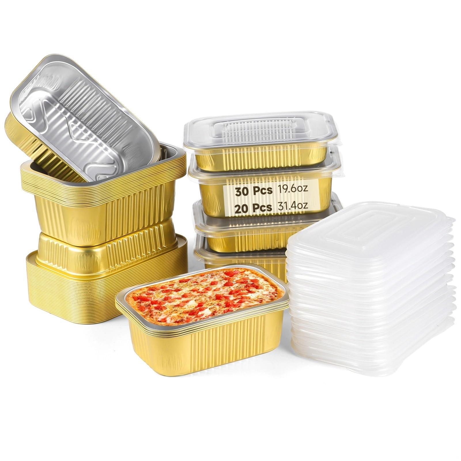 Confezione da 50 teglie da forno in alluminio resistente con coperchio, contenitori usa e getta da asporto per cucinare, riscaldare, preparare i pasti, avanzi, microonde e forno, 2 varianti di