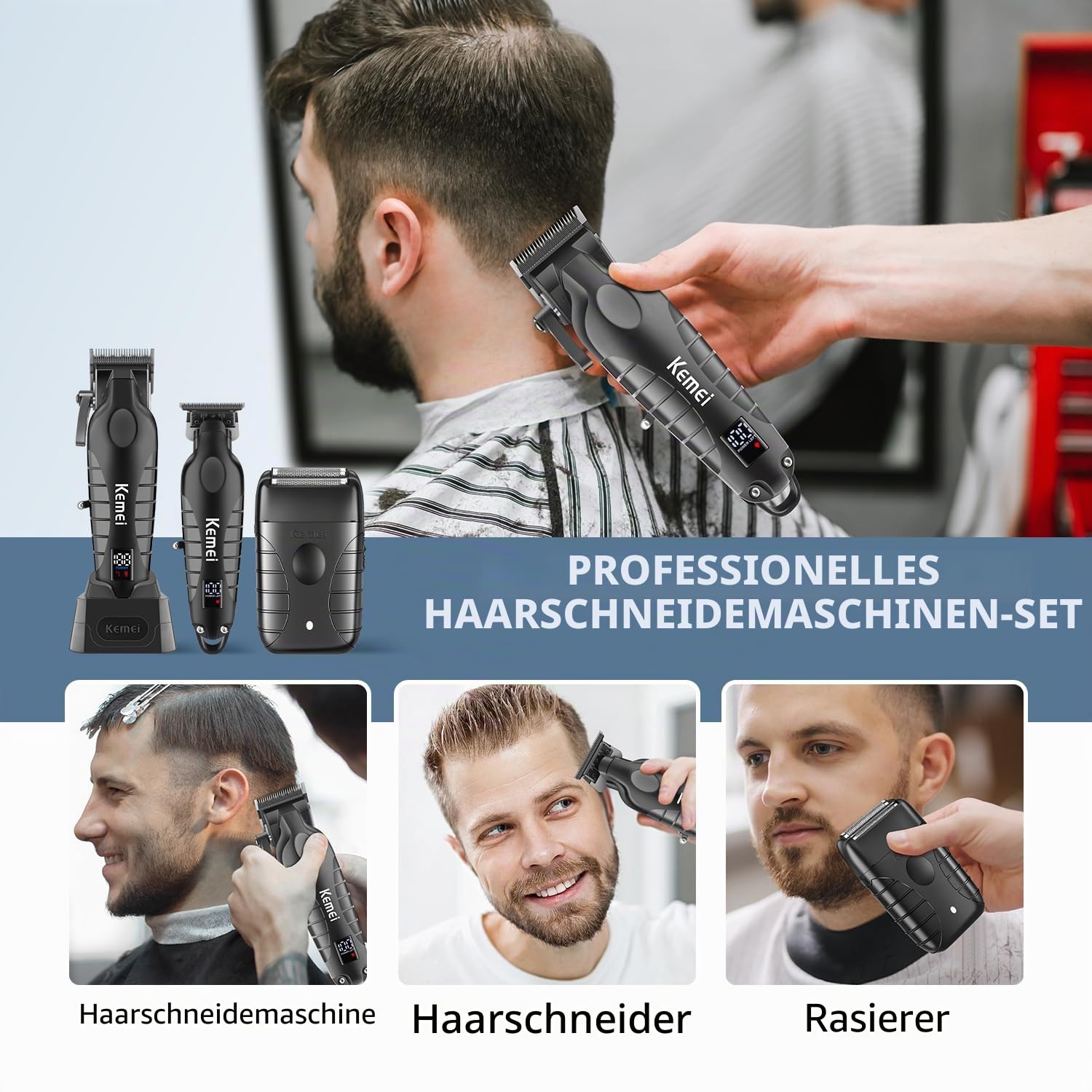 KEMEI Professionelle Haarschneidemaschinen für Männer, schnurloser kompletter Barber Clipper T-Blade Trimmer Folienrasierer Set, elektrisches Haarschneiden Full Kit mit 9 Führungskämmen