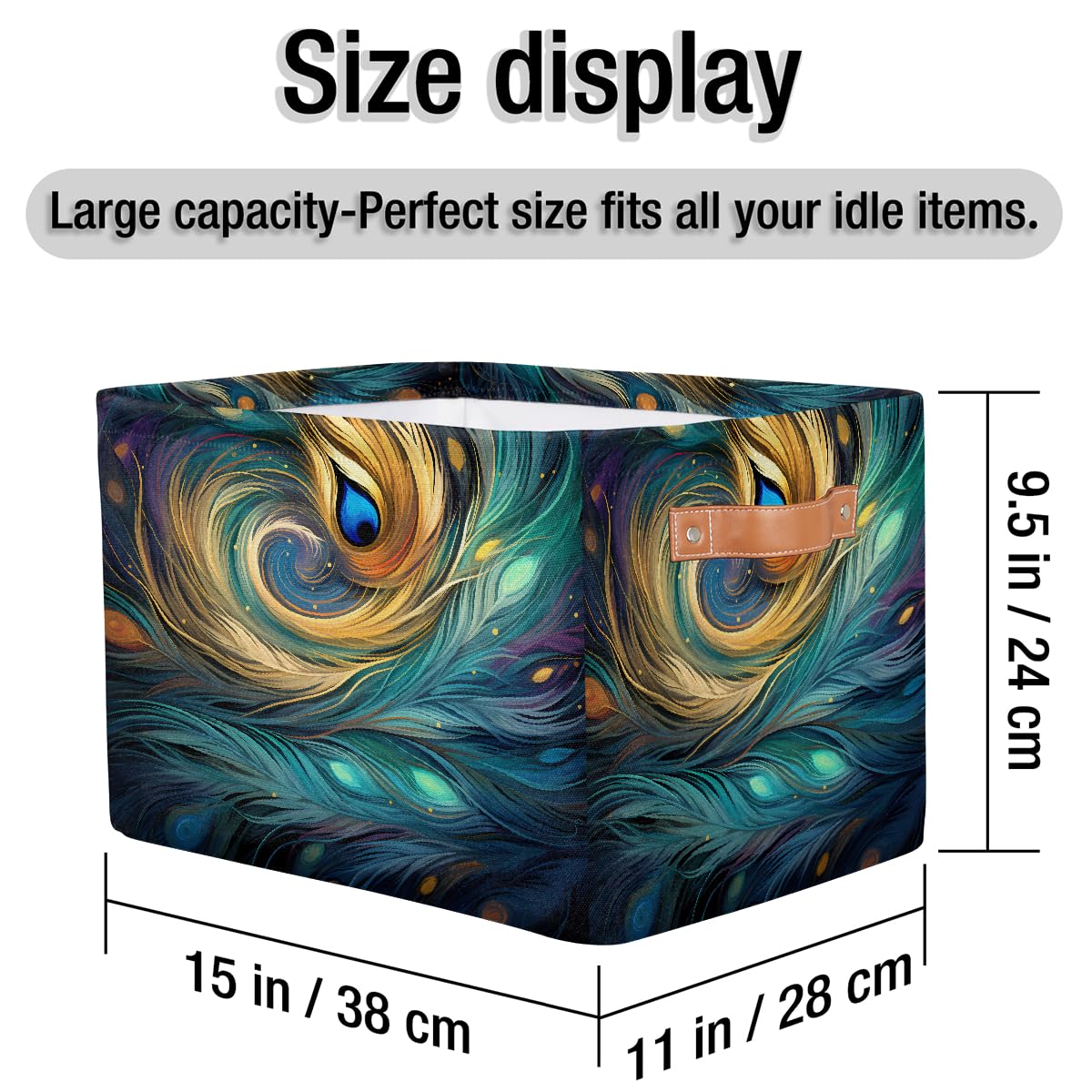 Mexpekil Cesta de almacenamiento abstracta de plumas de pavo real con diseño de galaxia, caja de almacenamiento de juguetes para niños, plegable, organizador de tela para estantes, cesta de regalo