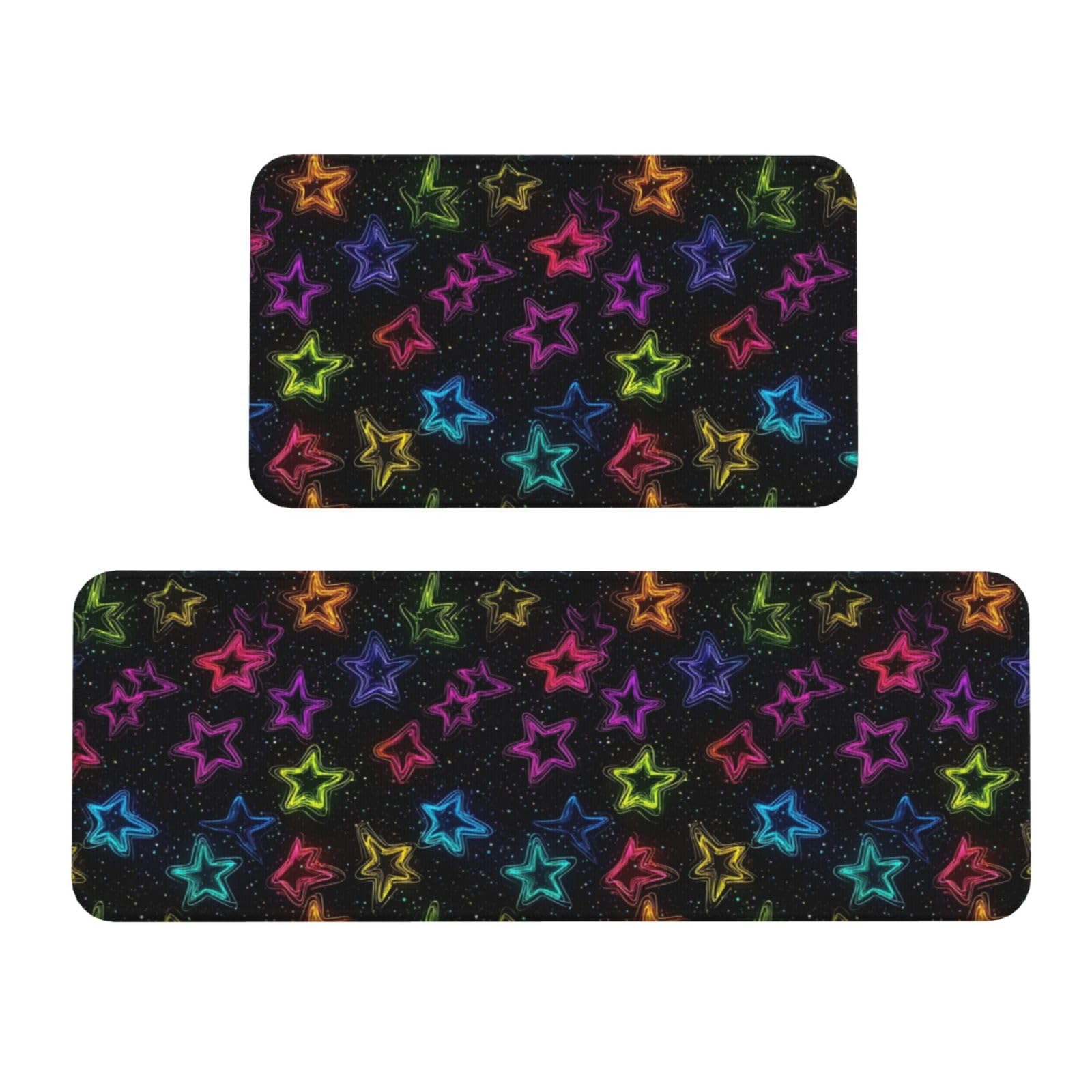 GVYGVY Antifatigue Kitchen Mats for Floor 2 Piece - Colorful Stars Print Kitchen Rugs Washable, Non Slip Runner Rug Standing Mat for Office/Bathroom/Laundry/Home Decor and Accessories