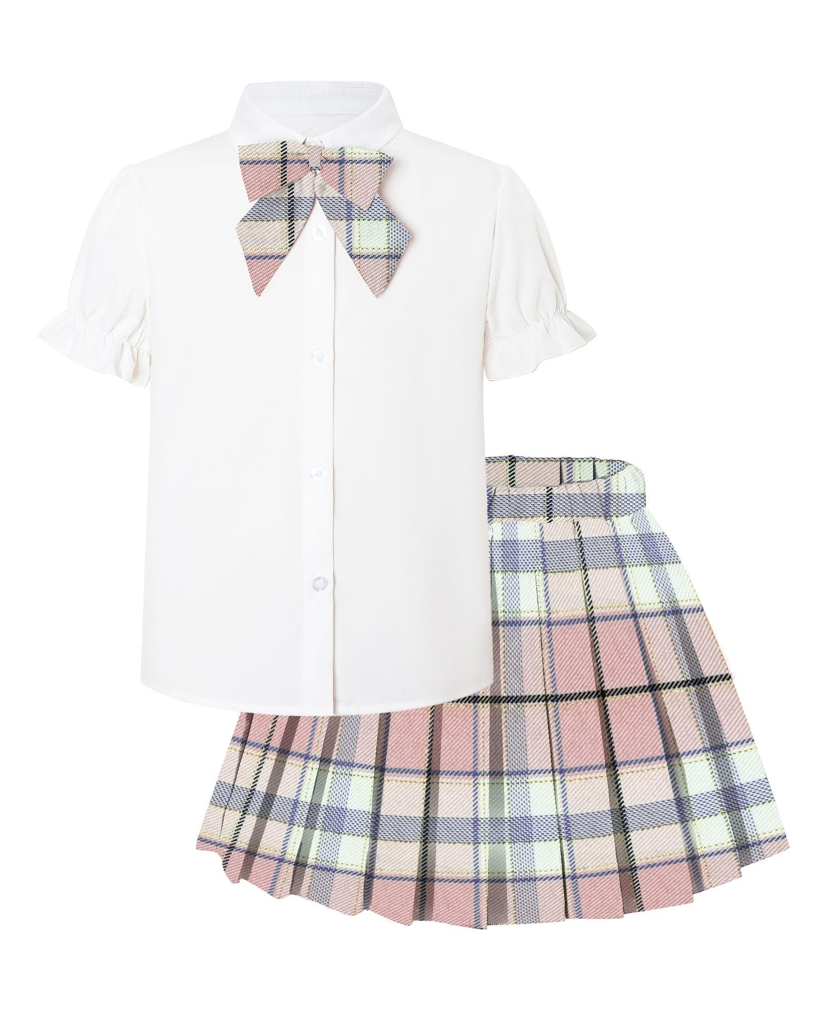 Betusline Girls JK Uniform Outfit,Shirt &amp; Bow &amp; Pleated Skirt,4T-16Y | Bow tie shirt + elastic high-waisted pleated skirt with safety shorts, elegant JK set for school, festival &amp; daily wear