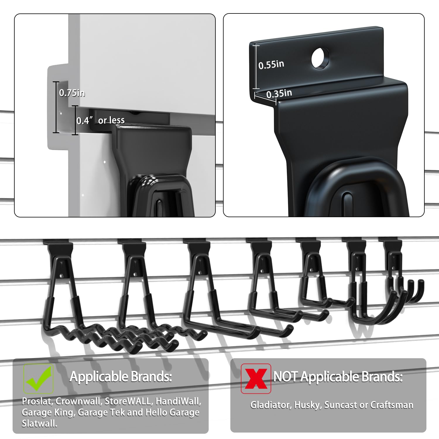 3-H 10 pièces Slatwall Crochets Slatwall Accessoires Crochets de garage,Garage Hooks pour outils Jardin Garage Remise(Noir)