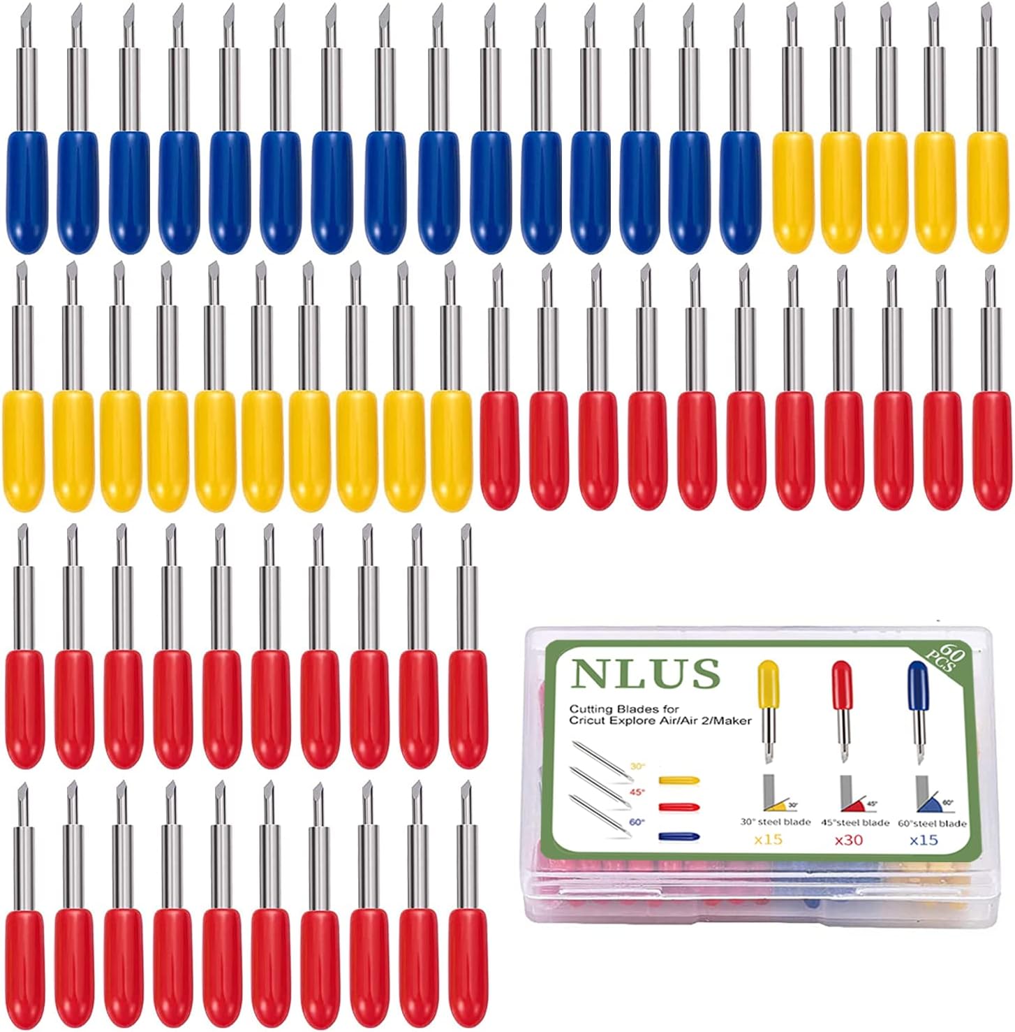 NLUS 60Pcs Cutting Blades, Replacement Blades for Cricut Explore Air/Air 2/Maker Expression, Vinyl Fabric Cutting Blades Including 30Pcs 45°/15Pcs 30°/15Pcs 60°Varying Degrees Blades