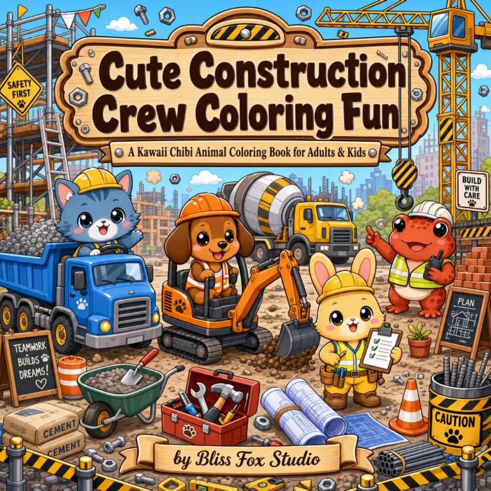 Cute Construction Crew Coloring Fun: A Kawaii Chibi Animal Coloring Book for Adults & Kids