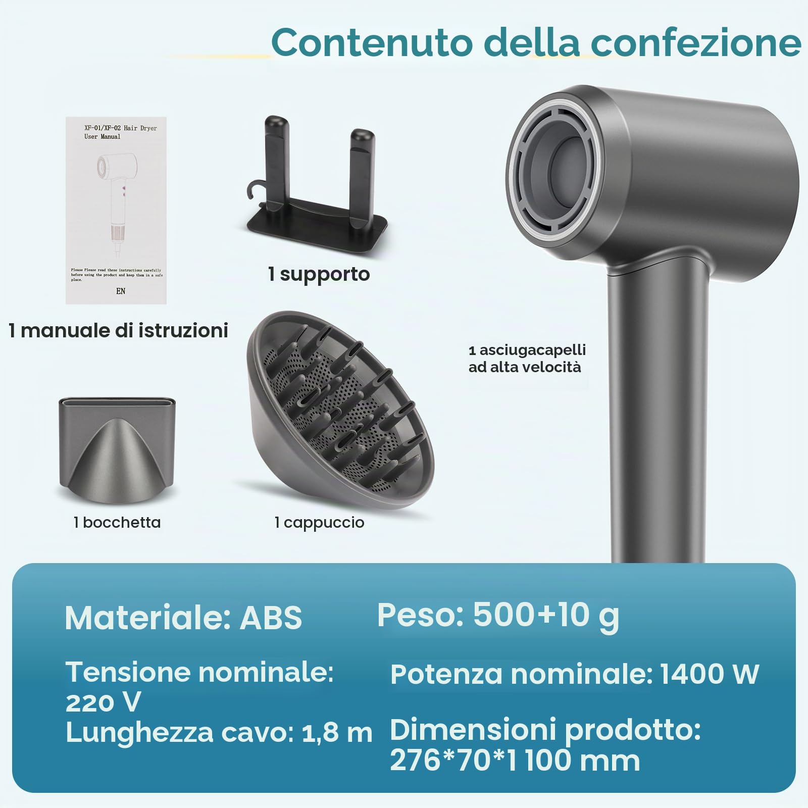 Asciugacapelli Ionico, Asciugacapelli Professionale da 110.000 giri/min, Phon da 200 Milioni di Ioni Negativi con Diffusore e Concentratori per Viaggi e Domestico