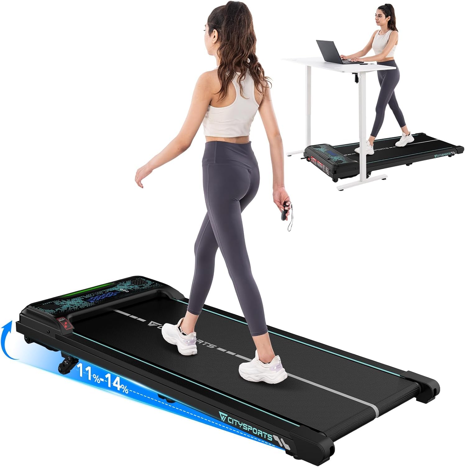CITYSPORTS Tapis de Course Électrique Inclinable 11–14%, Tapis Roulant Silencieux 1–6 km/h, Écran LED, avec Télécommande, Tapis de Marche pour la Maison et Le Bureau