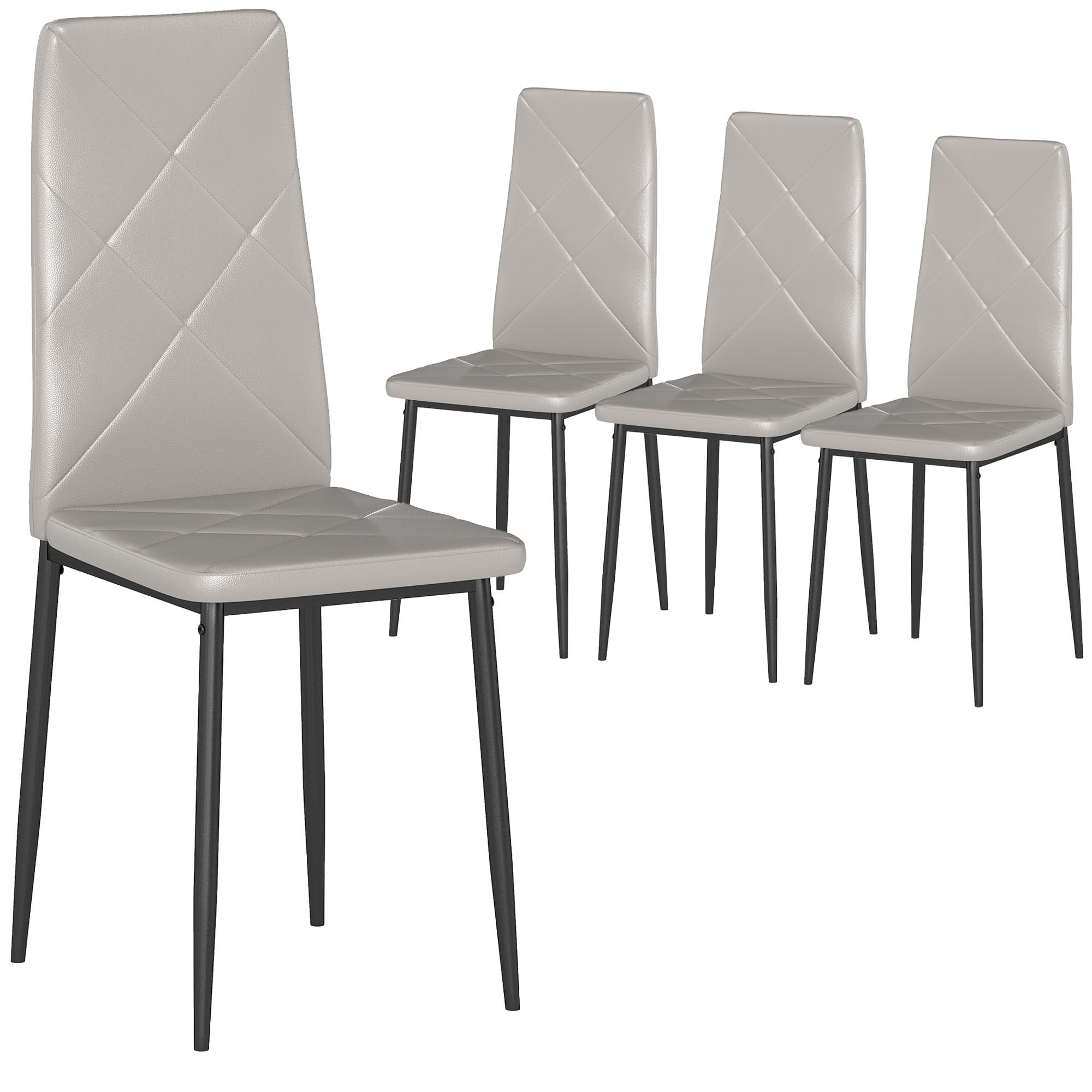 HOMCOM Pack de 4 Sillas de Comedor, Sillas de Cocina Modernas, Tapizadas de Cuero Sintética, Respaldo Alto, Asiento Acolchado, Patas de Acero, Gris