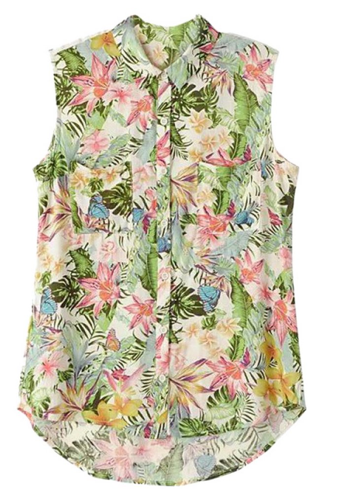 Enlishop Fresh Floral Print Style Polo Collar Sleeveless Summer Blouse