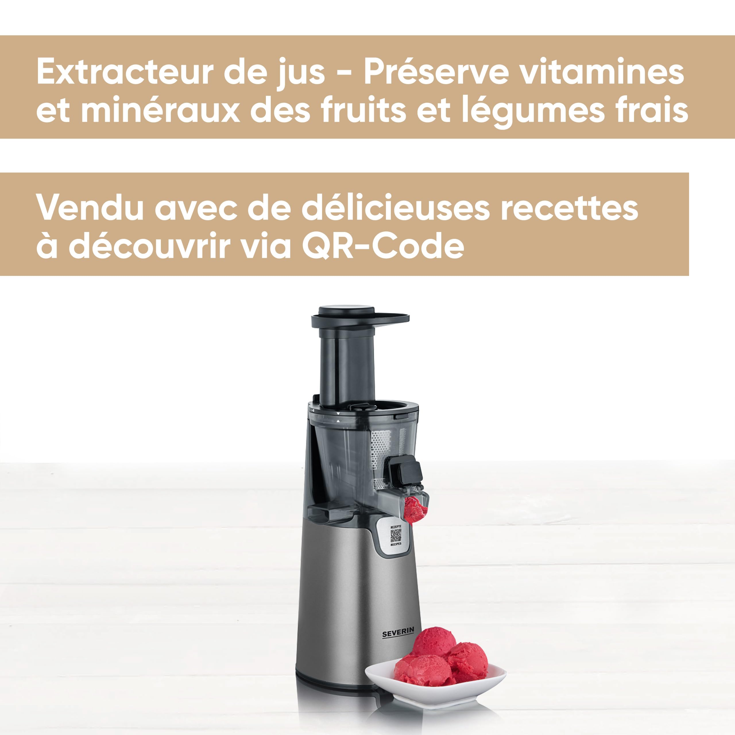 SEVERIN Slow Juicer - Centrifugeuse pour jus, sorbets, glaces, confitures et autres, presse-agrumes électrique en acier inoxydable, nettoyage facile, bac de récupération de 1L, 150 Watt, ES 3571