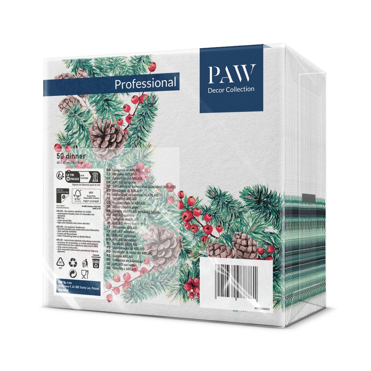 PAW - Airlaid serwetki (40 x 40 cm) I 50 sztuk I idealne na Boże Narodzenie, zimę, święta, Wigilia, zima, dekoracja stołu, serwetki Airlaid, przypominające tkaninę, gałązki zimowe, branże zimowe