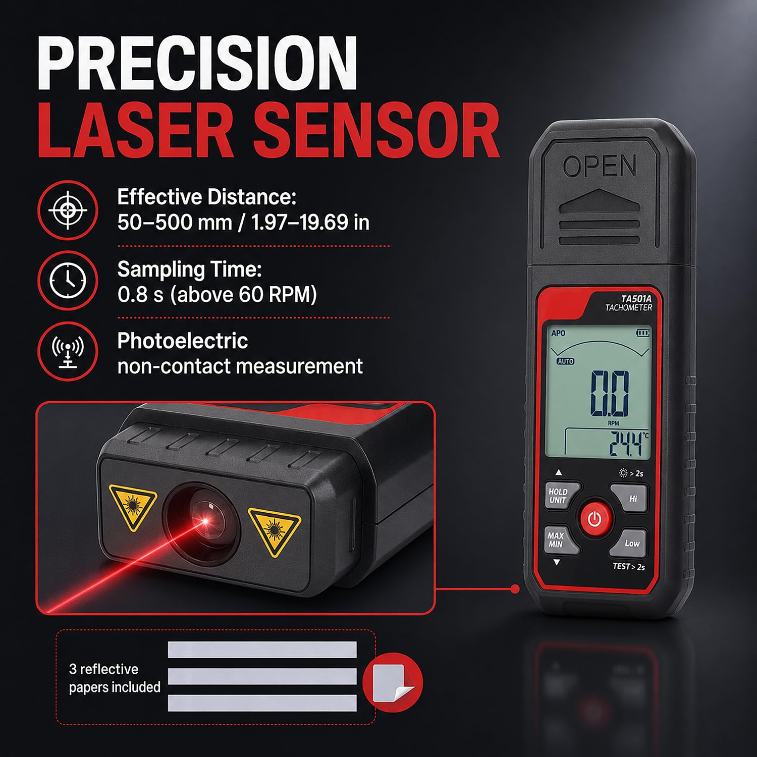 Tachimetro Digitale Senza Contatto, 2,5 a 999.999 RPM Misuratore Fotoelettrico Della Velocità di Rotazione, Precisione Dello 0,05%, Con Allarme, per Il Controllo Della Velocità di Motori E Ventole