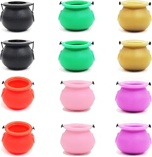 12 Pack Halloween Mini Cauldrons,3" Plastic Witch Candy Buckets with Handles for Party Favors Trick or Treat Halloween Decor