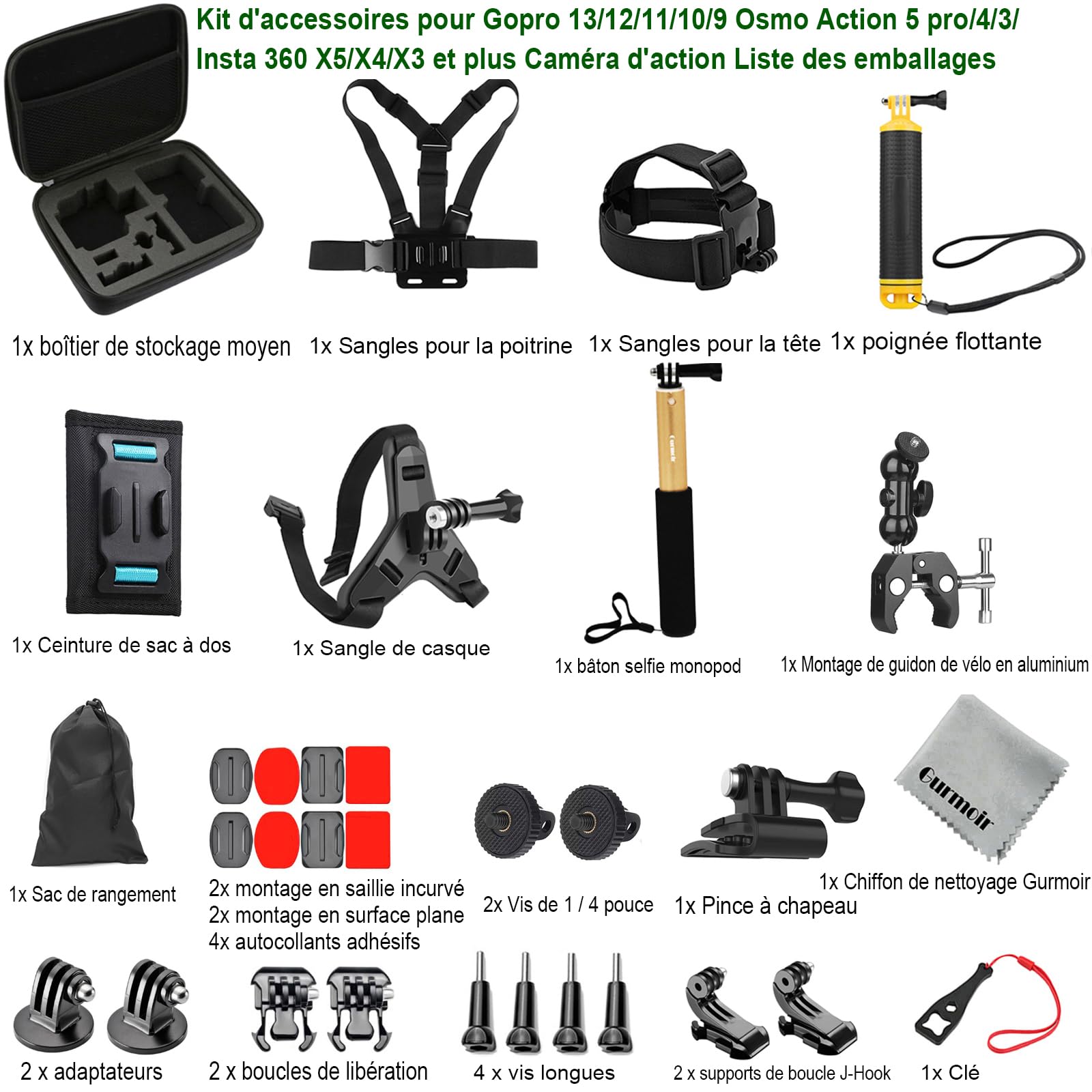 Kit d'accessoires pour Gopro Hero 13/12/11/10/9/8/7/6/Go Pro Max 2/DJI Osmo Action 6/5 pro/4/Insta 360 X5/X4 et Plus Caméra d'action (DT18)