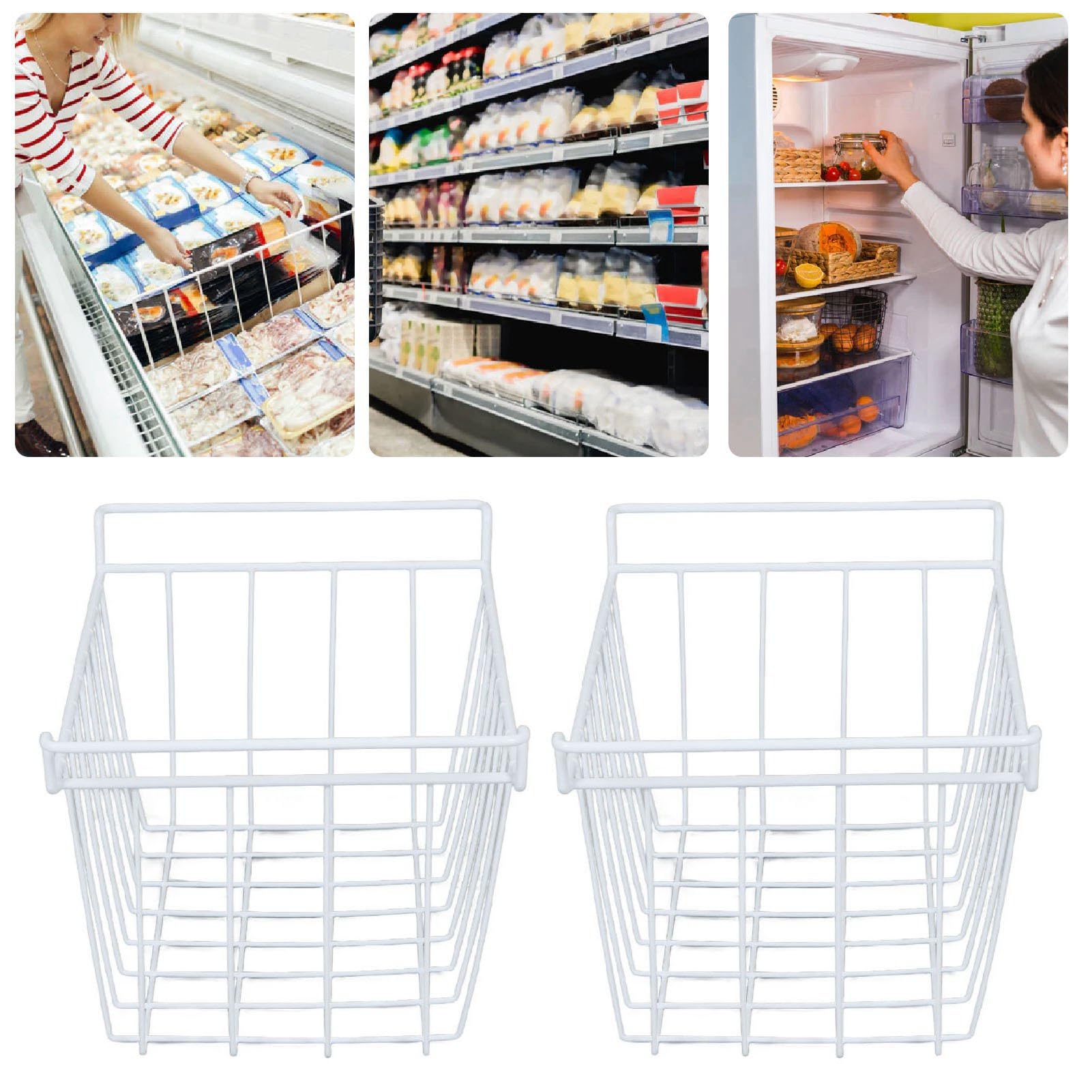 Cestello congelatore |Salvaspazio con rivestimento in PE in filo di acciaio per la conservazione di alimenti surgelati |Contenitore organizer multiuso per (White)