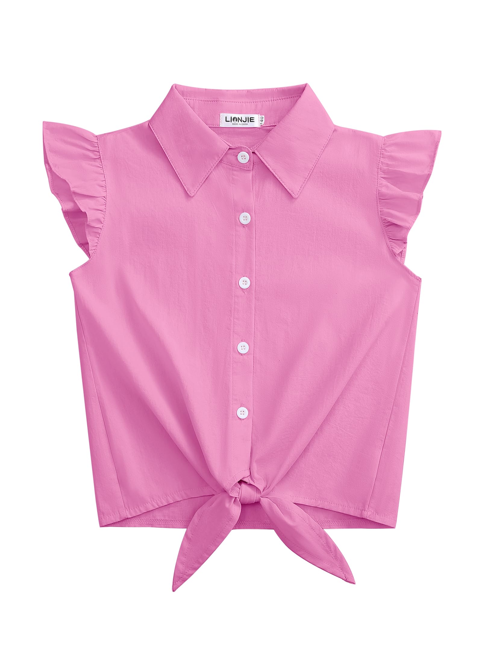 Girls Sleeveless Plaid Button Down Shirt Summer Crop Tops Tie Knot Ruffle Sleeve Shirt Blouse 3-12Y