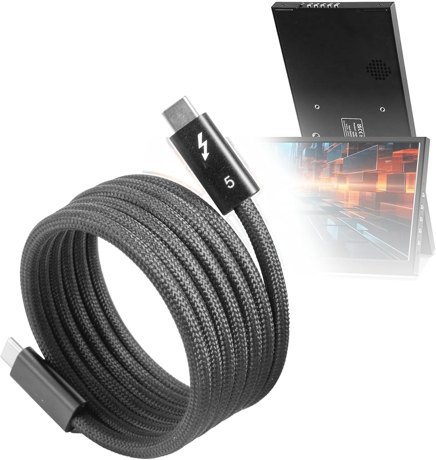 BoxWave Cable Compatible with Prechen HD-103 (10.3 in) - SnapWrap Thunderbolt 5.0 Cable (5ft 240W), Magnetic Self-Coiling Nylon Braided Retractable - Jet Black