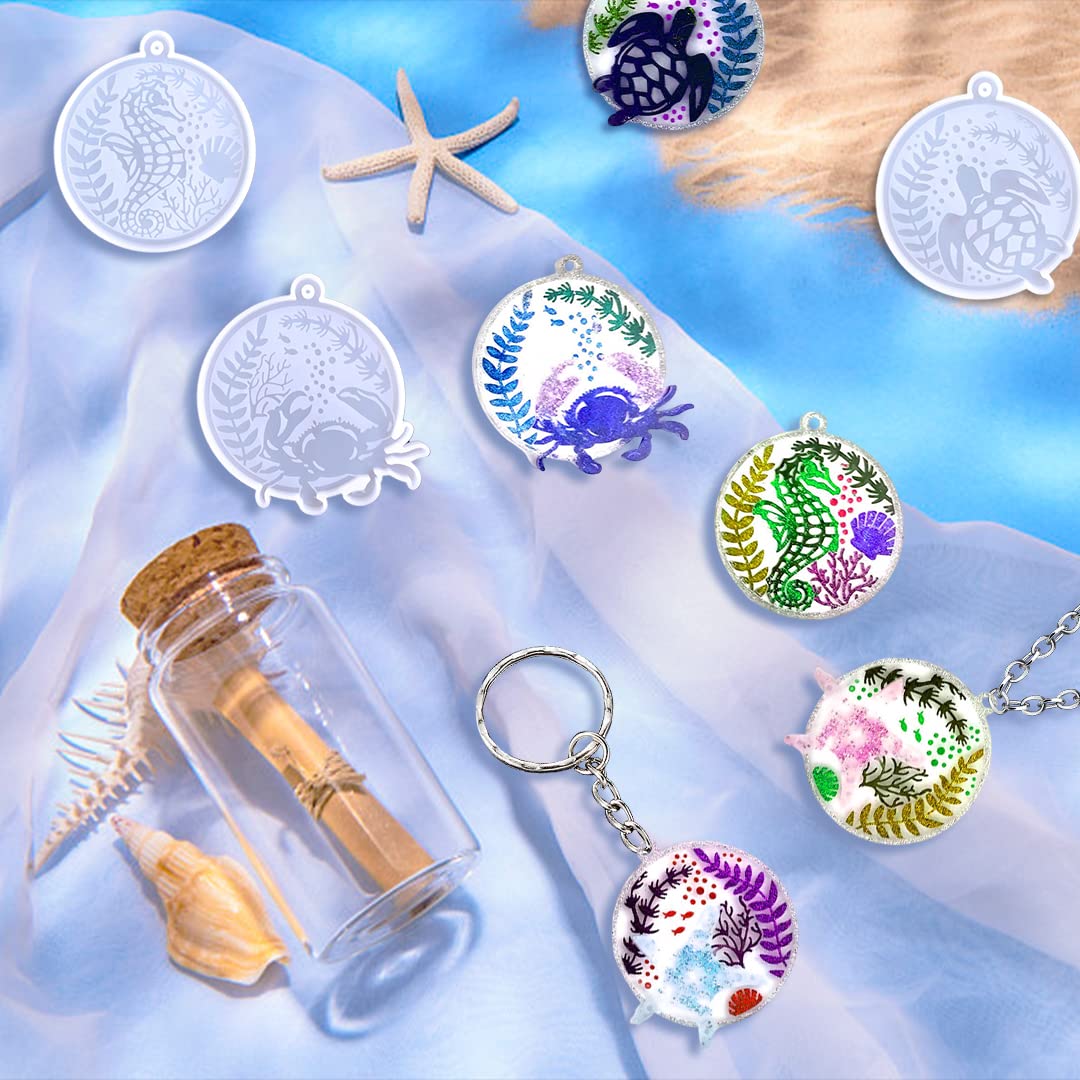 Zayookey 7 Pcs Keychain Resin Mold Sea Animals Silicone Molds Round Epoxy Resin Casting Mold Circle Keychain Pendant Mould with Holes for DIY Crafts Jewelry Earrings Making (Sea Animal Shape) - Image 3