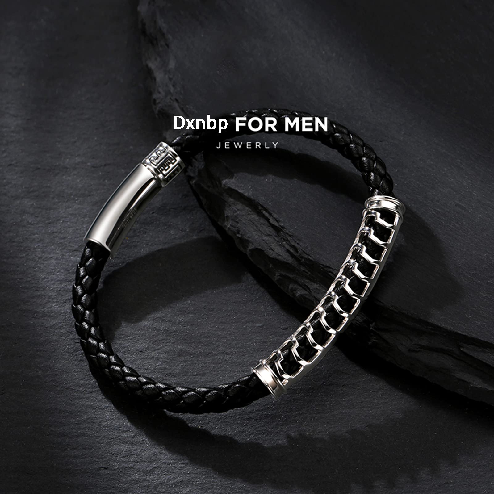 LYGXWJFC Pulsera de Cuerda Trenzada de Cuero Genuino de Plata de Ley 925 para Hombre, Brazalete clásico Hecho a Mano, Bandas Punk de Motociclista, joyería con Dije de protección Pulida, Cierre de