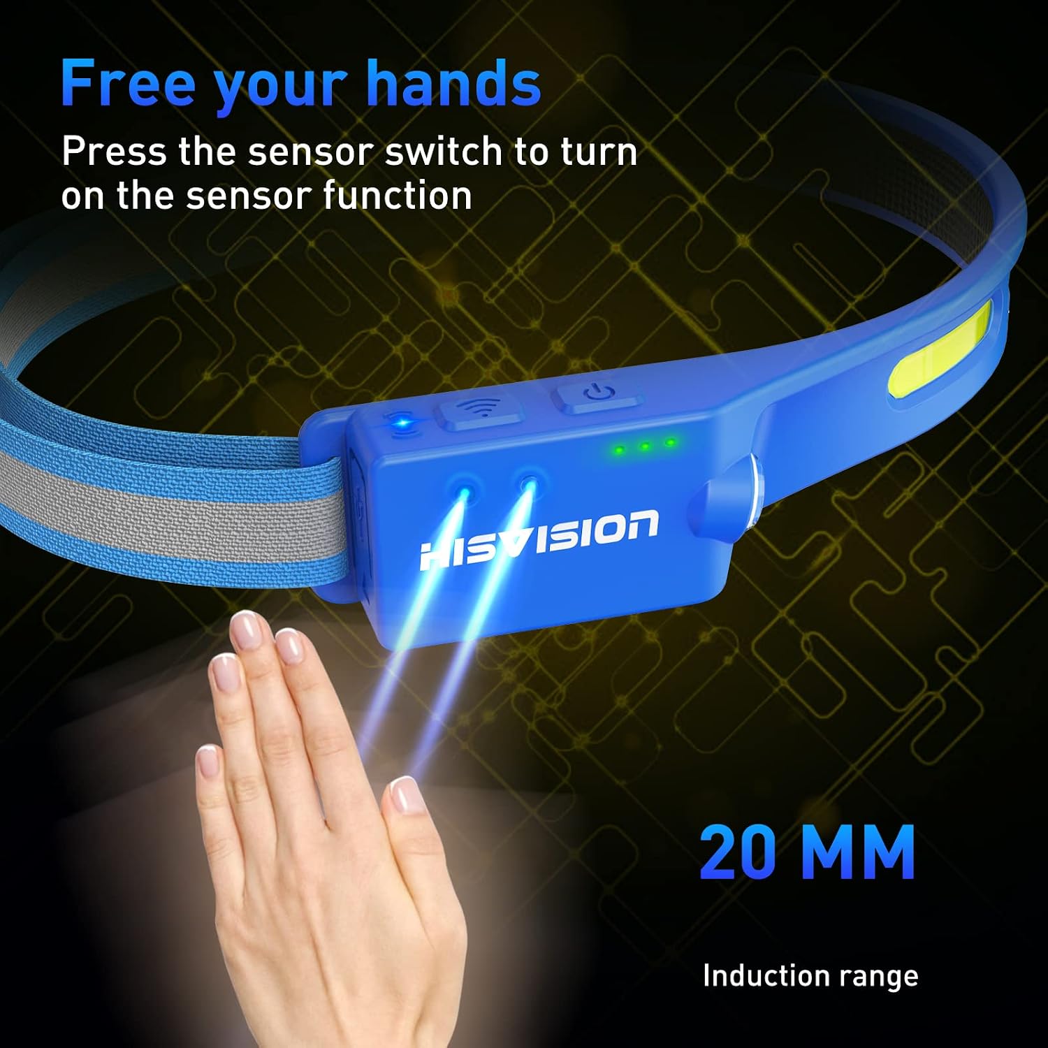 Rechargeable LED Headlamp, Super Bright Headlamp Flashlight with Motion Sensor, 5 Modes, 230°Wide Beam Headlight, IP65 Waterproof 1500 Lumens Sport Head Lamp for Running Hunting Hiking Camping(Blue)
