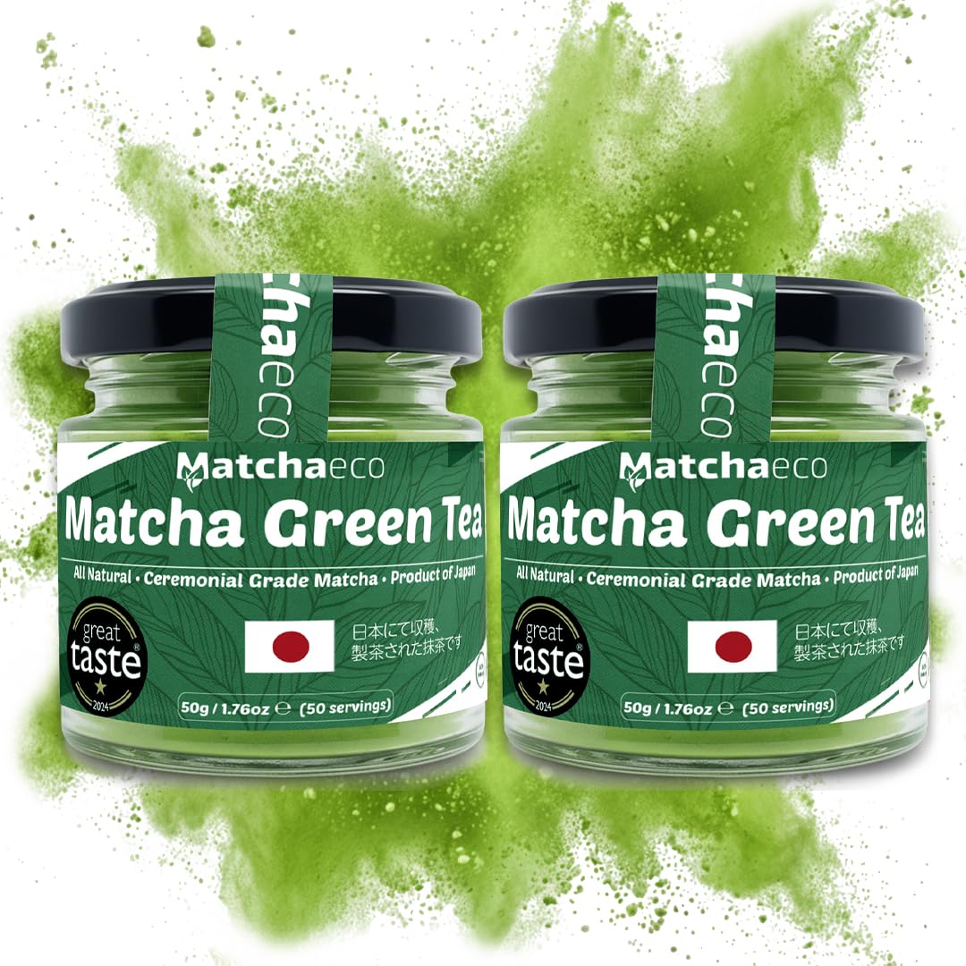 Matchaeco 2 x 50g [100g] Japanese Matcha Green Tea Powder |Authentic Stone Ground Ceremonial Grade From Japan | Natural Energy | Recyclable Jar | Vegan Baking Gift Ideas | Coffee Alternative