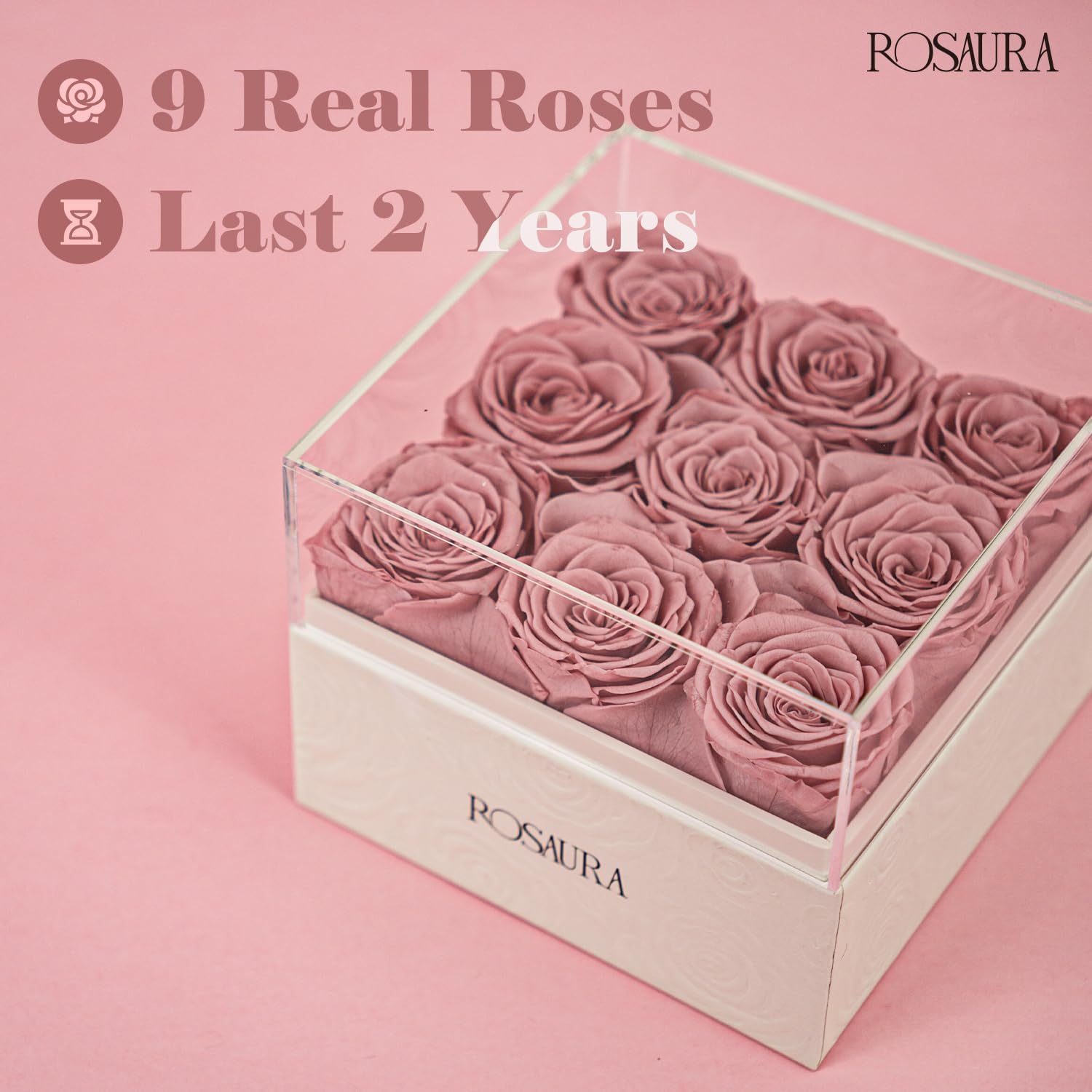 Rosaura Square Preserved Roses Gift Box - Real Forever Flowers in Clear Acrylic Lid, Valentine's for Women (Cappuccino, 9 Roses) - Image 4