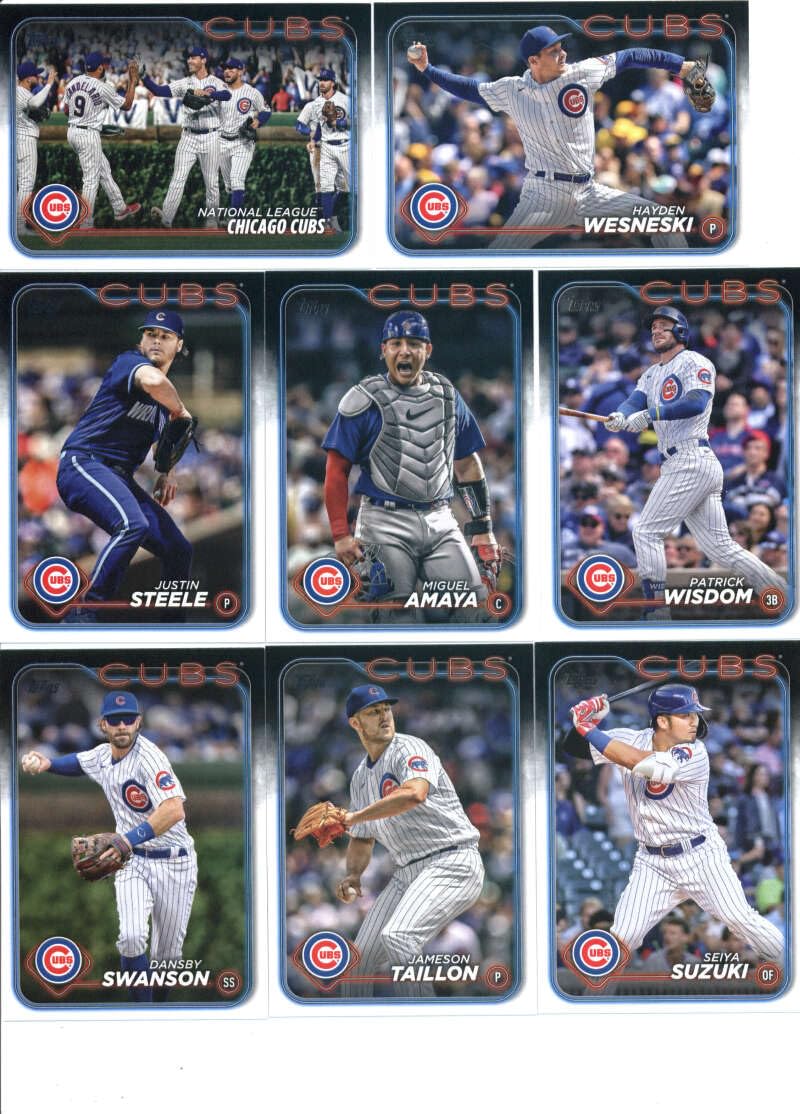 2024 Topps Series 1 Chicago Cubs Team Set of 12 Cards (IN 4 POCKET NOTEBOOK): Christopher Morel(#128), Adbert Alzolay(#129), Seiya Suzuki(#151), Dansby Swanson(#164), Chicago Cubs(#165), Daniel Palencia(#178), Jameson Taillon(#182), Nico Hoerner(#204), Justin Steele(#318), Miguel Amaya(#319), Patrick Wisdom(#328), Hayden Wesneski(#337) - Sportscard Superstore