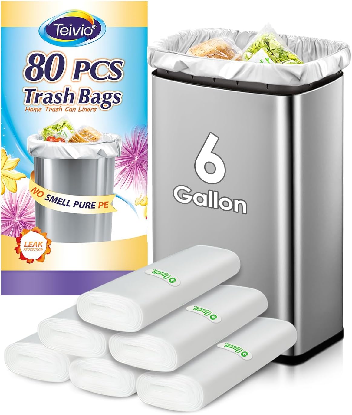 Teivio 6 Gallon 80 Counts Medium Garbage Bags Trash Bags, Bathroom Trash Can Bin Liners, Plastic Bags for home office kitchen,Garden Outdoors waste,Clear