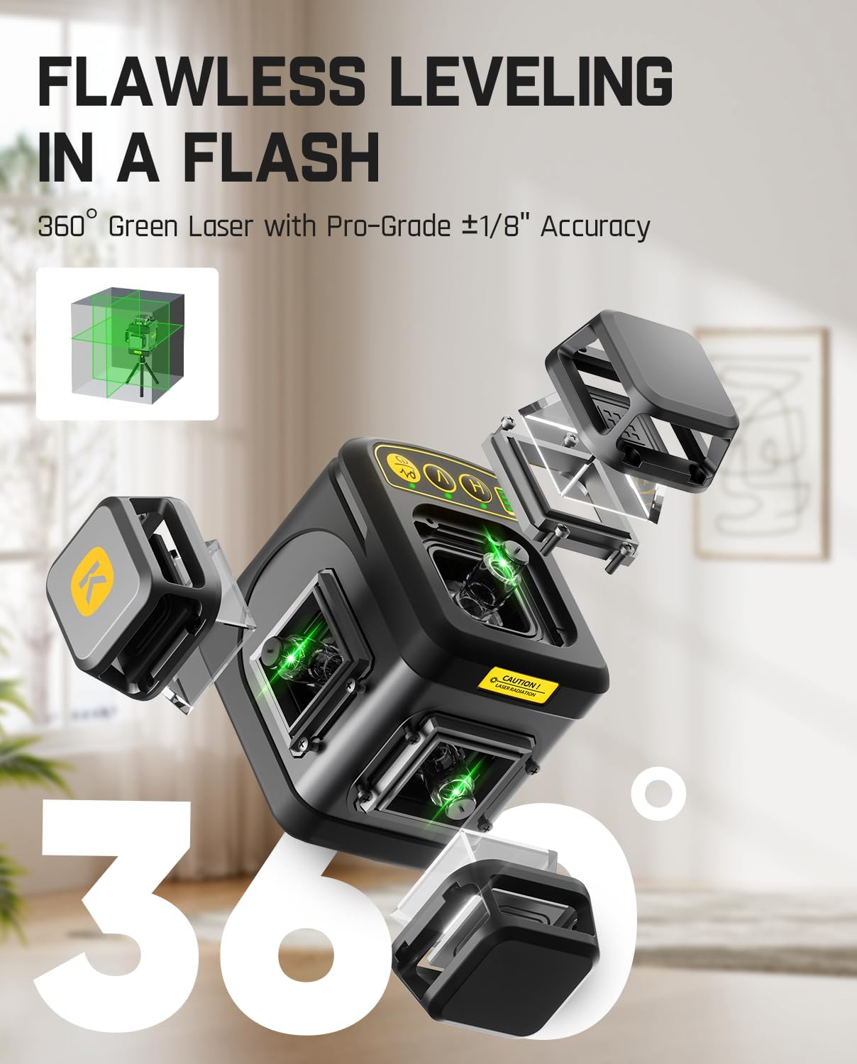 Fanttik D12 Ace Laser Level 360 Self Leveling, 3x360° Rechargeable 3D Green Cross Laser, Outdoor Pulse Mode, IP54 Durable, Easy to Use for Construction and Picture Hanging - Image 3