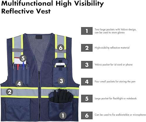 Miniatura 3 de FONIRRA Chaleco de seguridad para hombre, chaleco de malla de alta visibilidad, reflectante, con 8 bolsillos y cremallera, chaleco de construcción