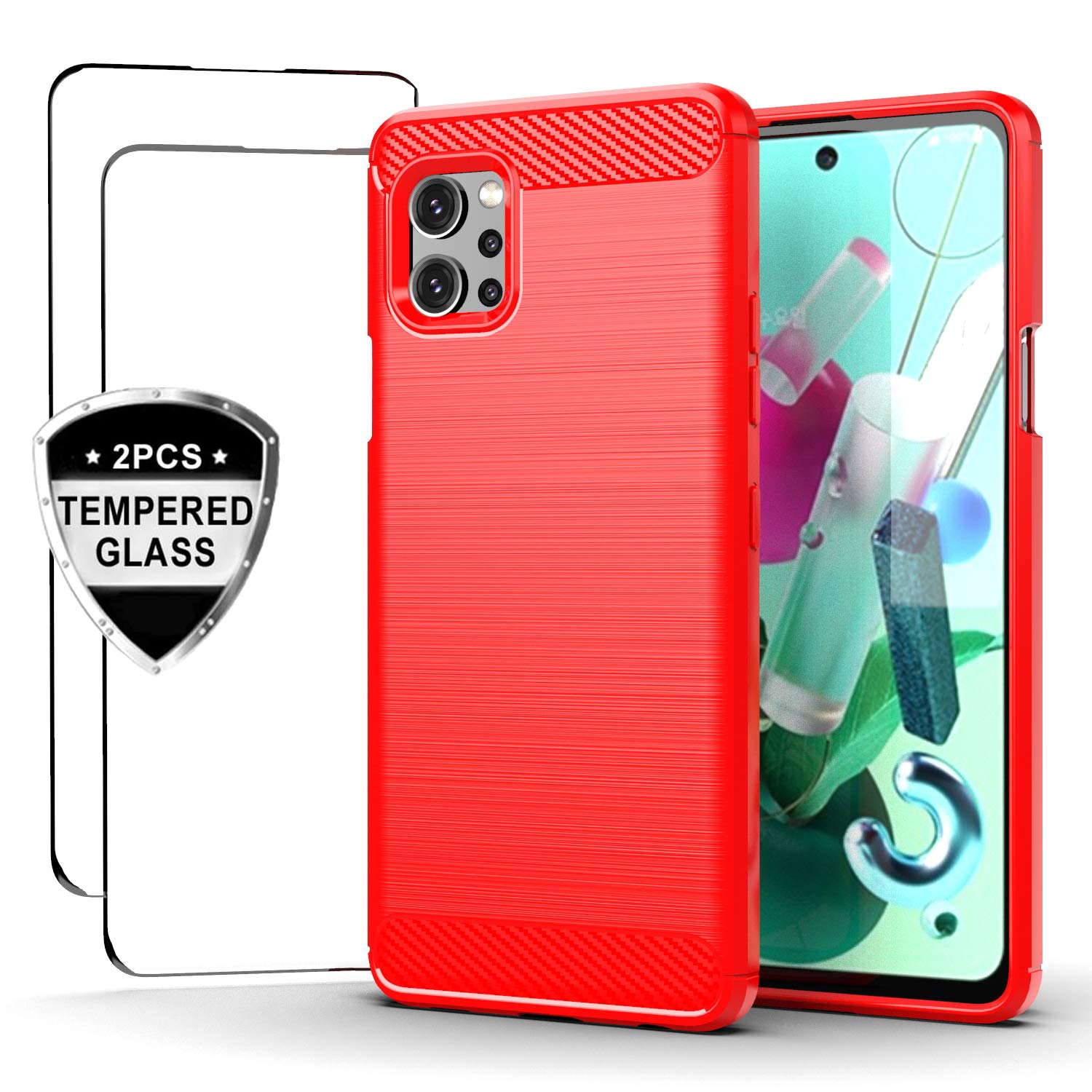 LG Q92 Case,Turphevm with 2 Pack HD Tempered Glass Screen Protector, Soft TPU Slim Fashion Non-Slip Protective Phone Case Cover for LG Q92 Case (Red TPU)