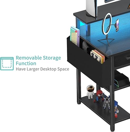 Miniatura 8 de Lufeiya Escritorio para juegos con luces LED y tomas de corriente, escritorio de oficina en casa de 47 pulgadas con soporte para monitor y estantes,