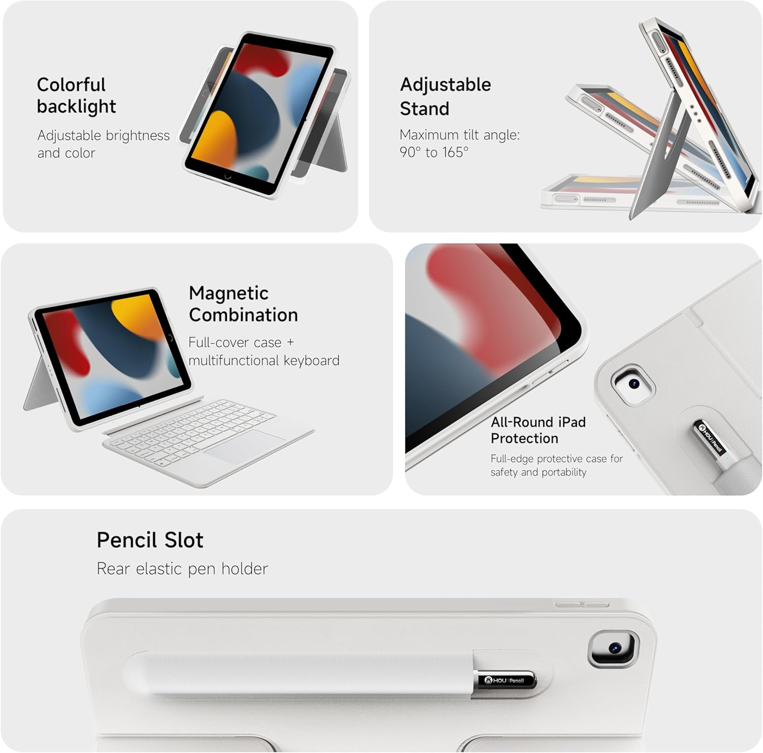 Image showing key features: colorful backlight, adjustable stand, magnetic combination, all-round iPad protection, and pencil slot.