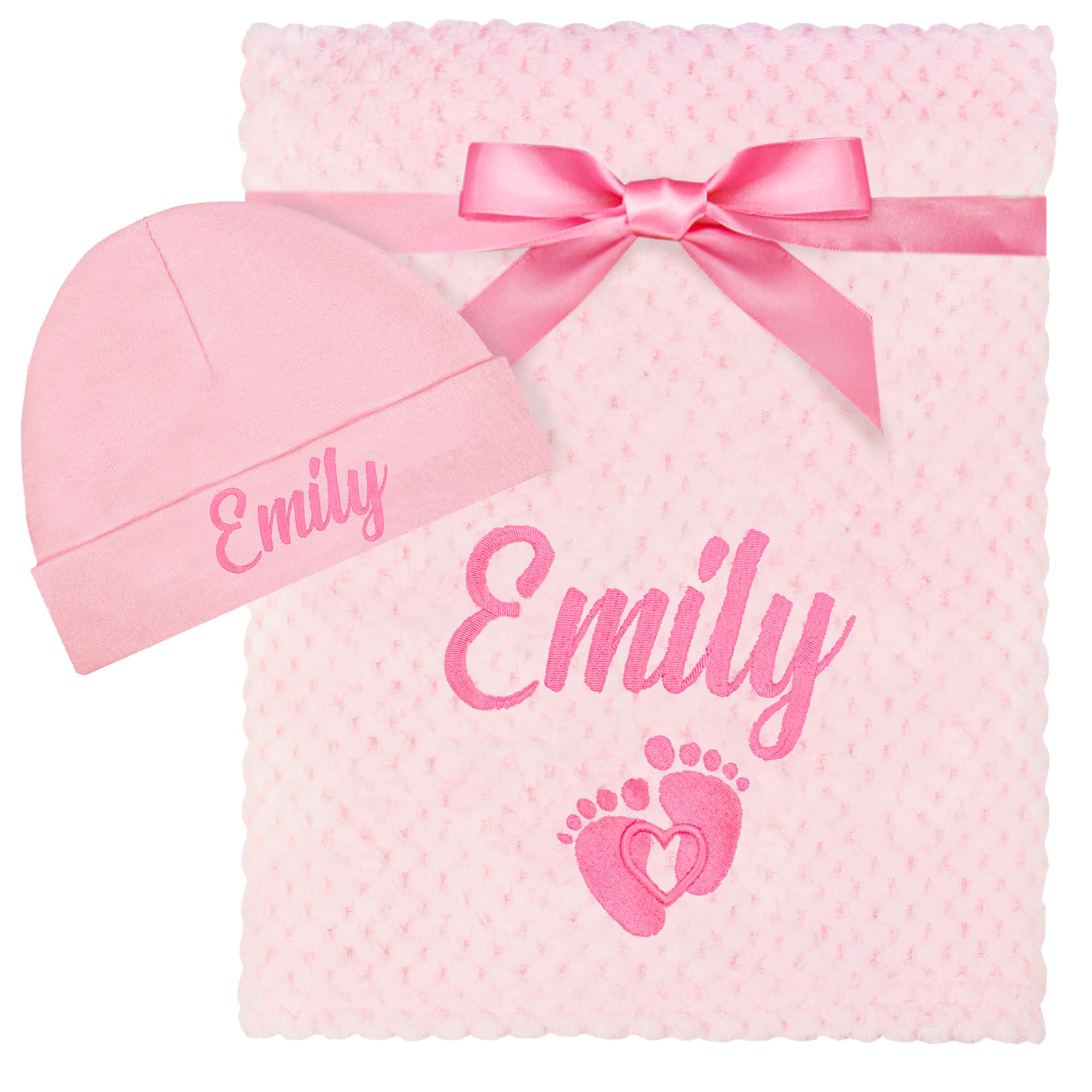 Teddyt's Men's Baby Pink Personalised Embroidered Footprint Fluffy Waffle Blanket & Baby Hat In Pink & Blue (Uk, Age, 3 Months, 6 Months, )