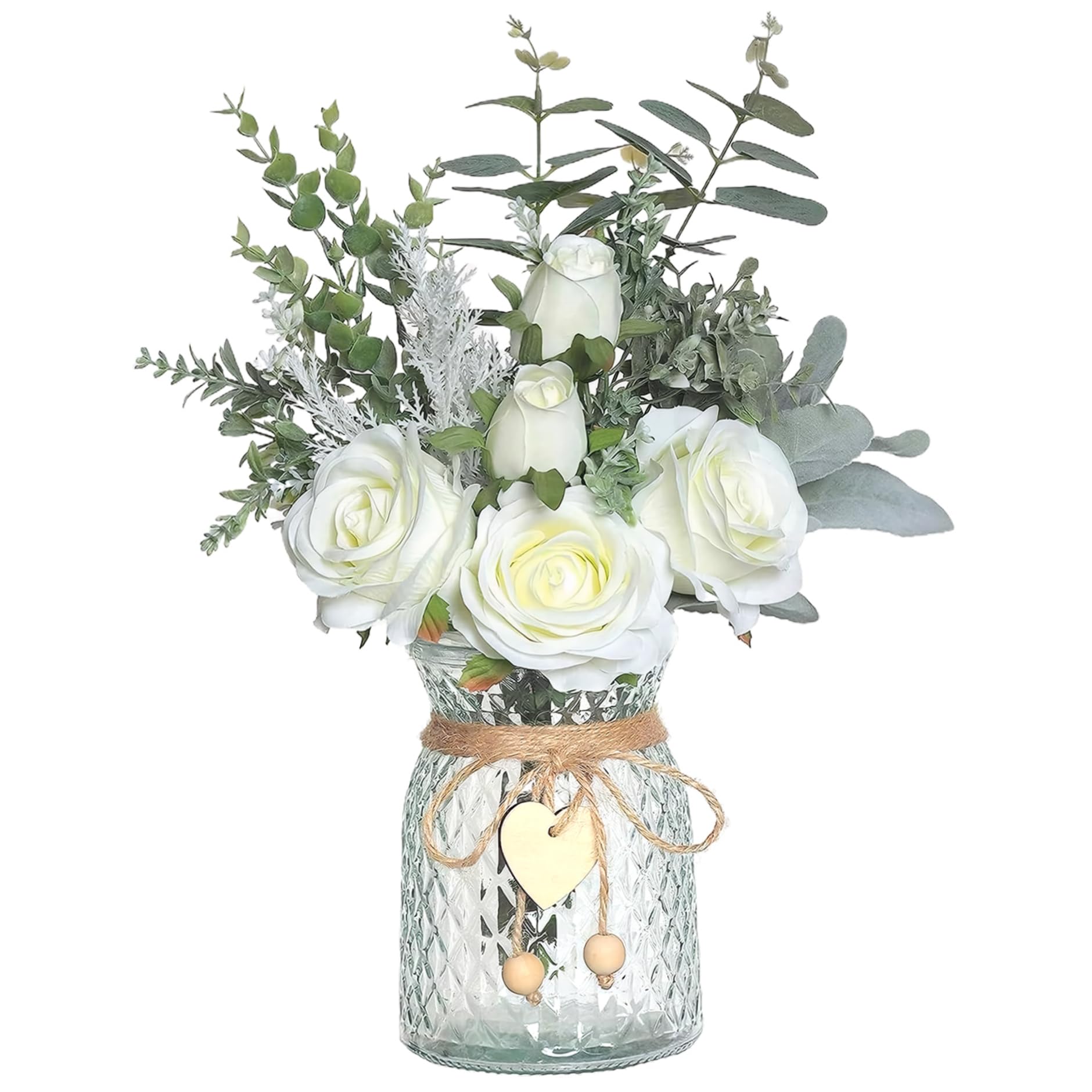 CAKEEYUM Artificial Flowers in Vase, 14.5x11 Inch Lifelike Roses Faux Flowers in Vase, Silk with Green Leaves, in for Home Kitchen Office Table Centerpiece, White Artificial
