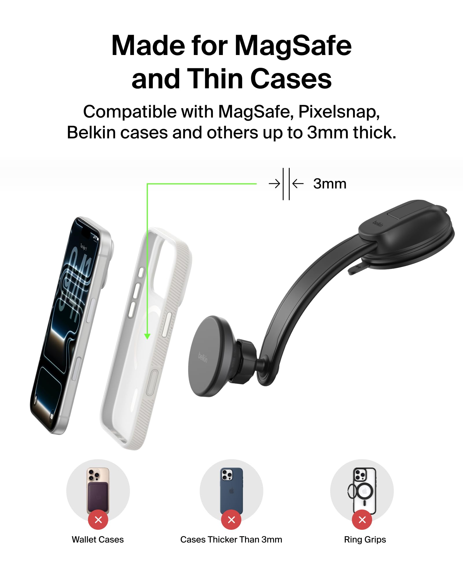 Belkin Caricatore da auto wireless, supporto magnetico per cruscotto con cavo USB C da 1 m, compatibile Qi2 MagSafe, caricabatterie per iPhone 17, Galaxy S25, Pixel 10 e altri, accessori da viaggio