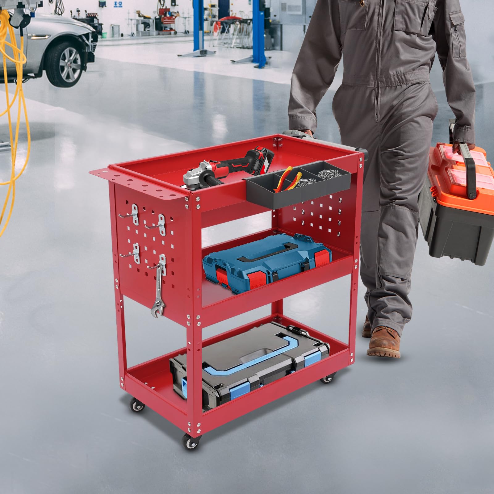 Carrello portautensili portatile a 3 livelli, carrello portautensili rosso, 550 lbs, carrello portautensili a 3 livelli, con ruote per officina, artigiani, industria